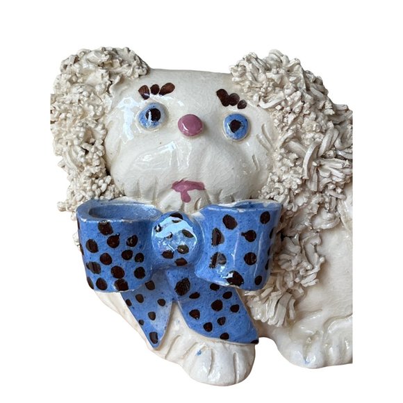 Vintage White Poodle Spaghetti Blue Bow polka dots figurine kitchy - Picture 2 of 7